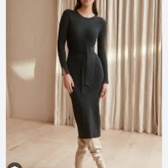 Ever New Lottie Knit Ribbed Midi Brown Belted Dress Side Slit Sleeves Slit 8 - Picture 1 of 14